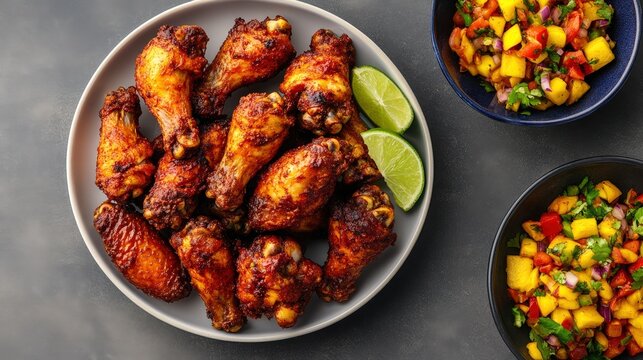 A plate of grilled chicken wings with lime wedges, served alongside bowls of colorful mango salsa.