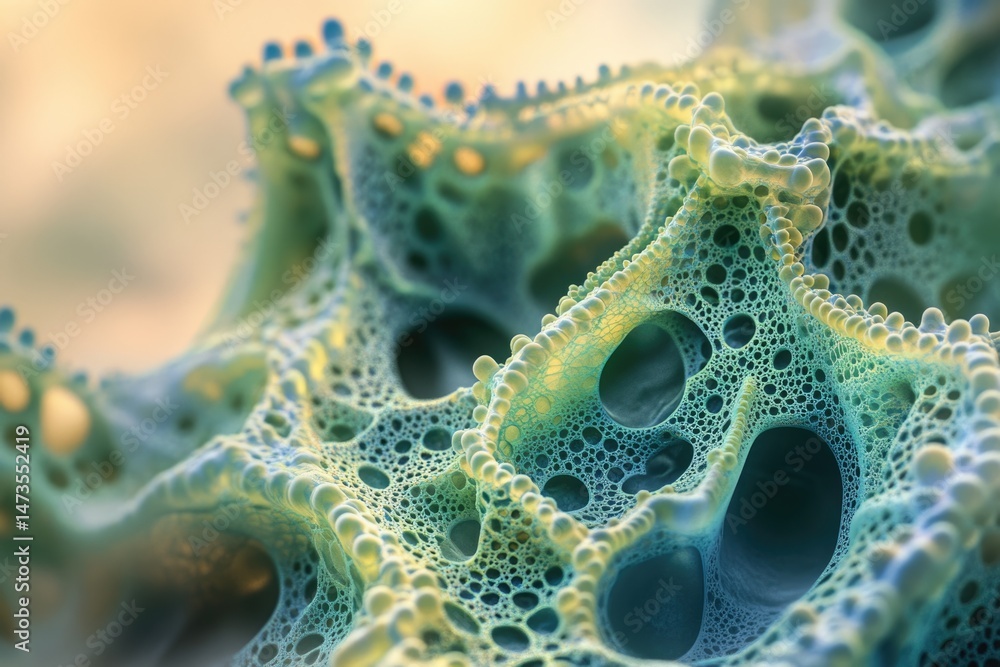 Poster a highly detailed close-up of a sponge-like structure with intricate patterns and textures, in a sof