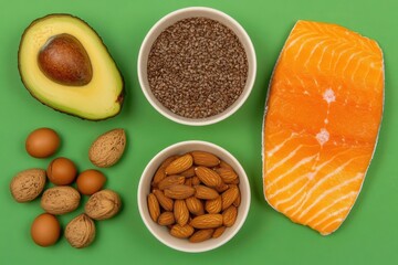 Healthy food assortment on vibrant green background