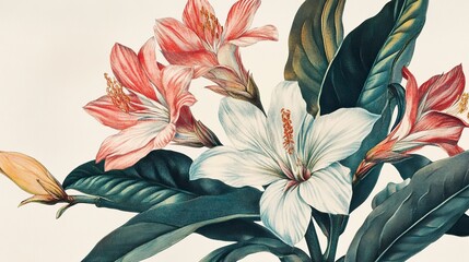 A Victorian-era botanical drawing of exotic flowers with delicate.