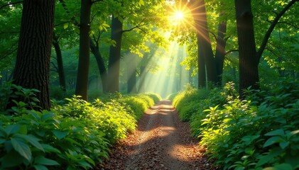 Obraz premium Sun-dappled forest path winds through lush green foliage, sunlight streaming through leaves , fall, adventure