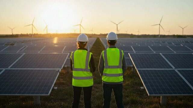 Two Renewable Energy Technicians, Wearing Safety Gear, Oversee Solar Panels at a Sunset Location with Wind Turbines Filling the Background