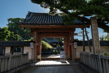 日本、大阪府、葛井寺、寺院、佛寺、佛教、文化財、木造建築、古代建築、日本文化、歷史名勝、青空、木、綠色、旗幡