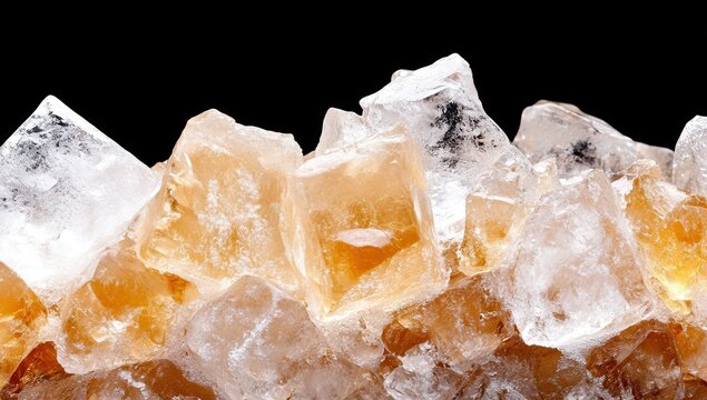 Close-up of granulated sugar crystals, light amber and white.  Crystals vary in size and hue.  A mix of colors and textures