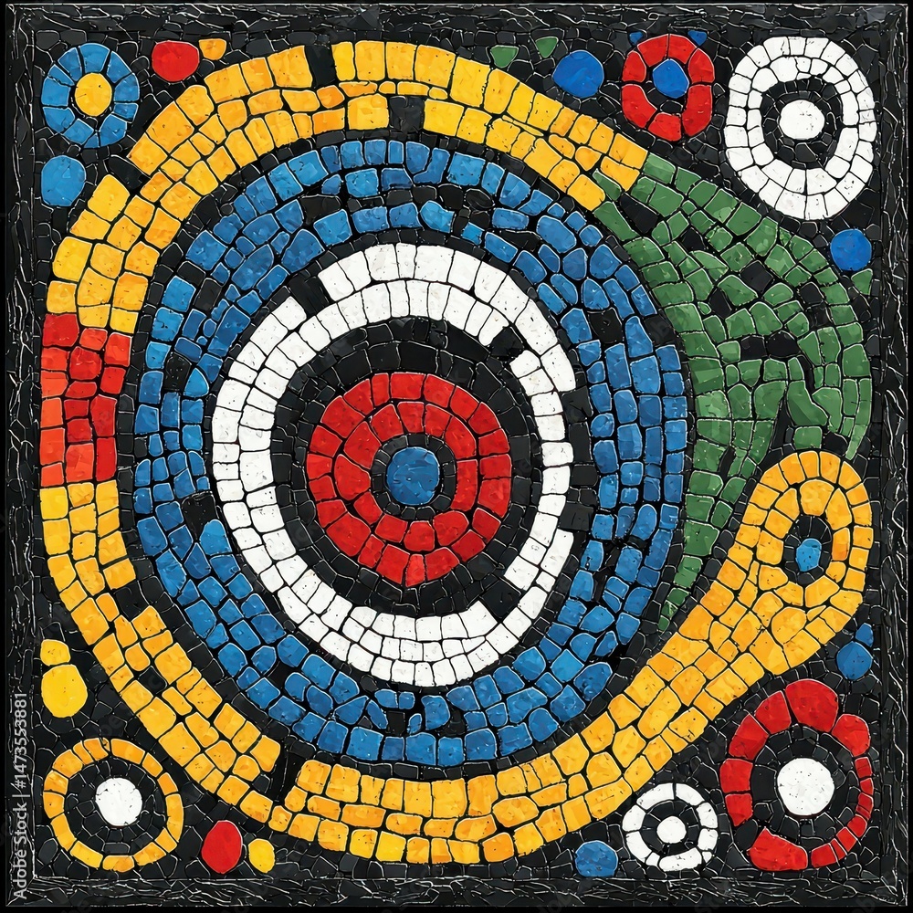Poster vibrant abstract mosaic featuring circular patterns in bold colors.