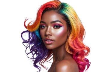 Beautiful woman with rainbow hair and creative makeup, posing confidently on white background, expressing colorful fashion and individuality