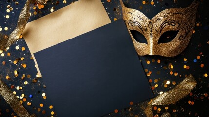Masquerade Ball Invitation. Celebrate with Gold Mask and Confetti on Blank Paper