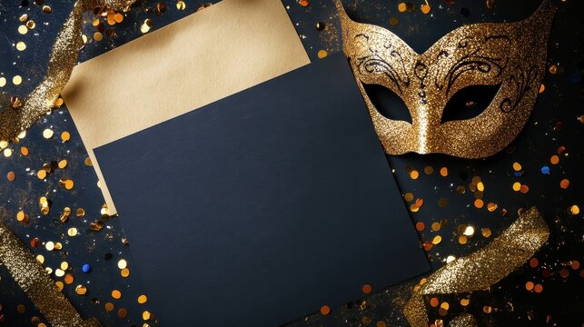 Masquerade Ball Invitation. Celebrate with Gold Mask and Confetti on Blank Paper - Powered by Adobe