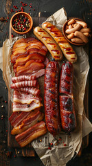 Hyperrealistic photograph of various meat products, including bacon and sausages, against a black background.

