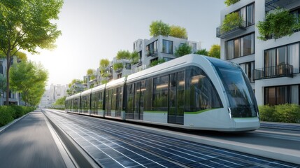 Obraz premium Futuristic Eco-Friendly Tram on Solar Powered Tracks in a Green City