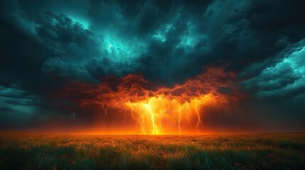 Fototapeta premium A dramatic thunderstorm over a vast plain, with dark clouds, lightning strikes, and heavy rain creating a powerful and awe-inspiring scene
