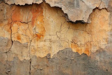 Obraz premium A textured wall with peeling paint and cracks, revealing the underlying layers of color and texture, creating an aged effect.