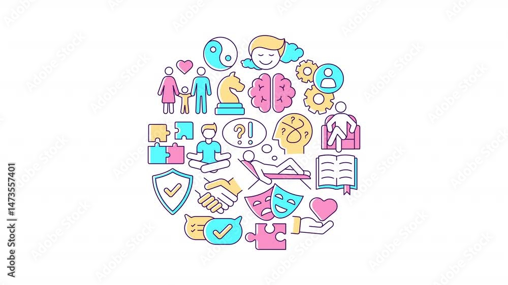 Poster mental health icons concept circle animation. psychological wellbeing support. mindfulness maintaini