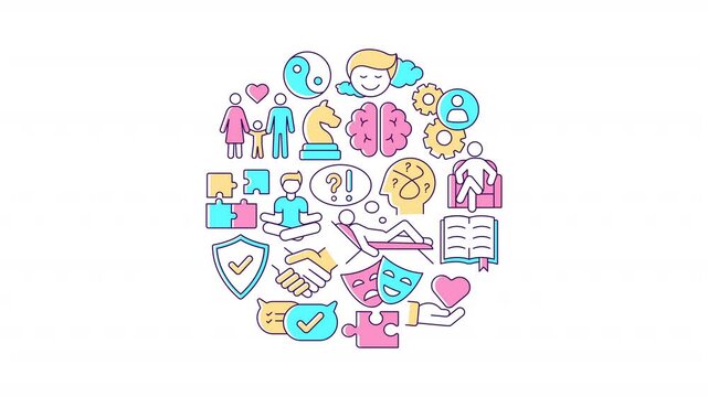 Mental health icons concept circle animation. Psychological wellbeing support. Mindfulness maintaining. Life balance. Round abstract idea with animated color symbols. HD video with alpha channel