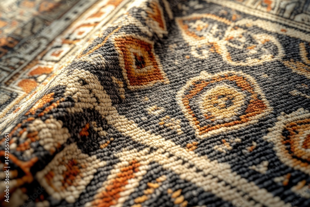 Poster detailed view of a textured rug featuring intricate patterns in earthy tones and a slightly folded e