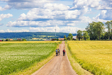People walking on a dirt road in the countryside