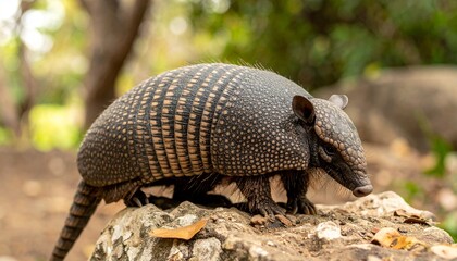 Obraz premium Armored animal sits perched on textured stone, background is blurred green forest foliage