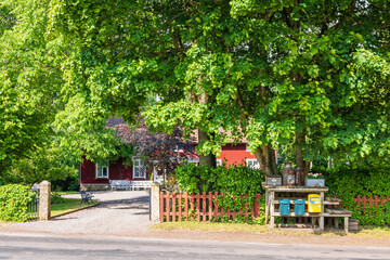 Obraz premium House by a road with mailboxes and lush green trees in summer