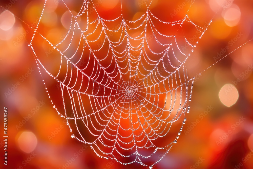 Poster a spiderweb glitters with dew drops, creating a delicate and beautiful pattern against a blurred, co