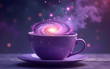 Fototapeta premium Purple Teacup Filled with a Spiral Galaxy and Stars. High quality