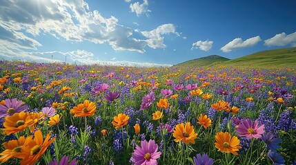 Fototapeta premium A field of blooming wildflowers in various shades of purple and yellow, stretching as far as the eye can see under a bright, sunny sky The scene is cheerful and vibrant