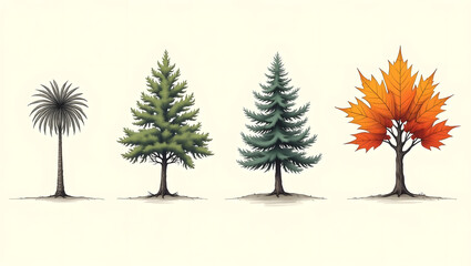 Fototapeta premium Trees of the world – palm, oak, pine, maple in line art