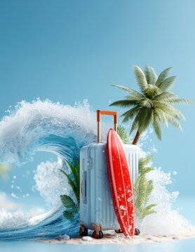 Sommer, Wellen, Abenteuer &ndash; Surfbrett an Koffer angelehnt