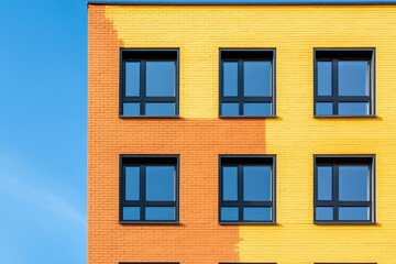 Fototapeta premium Modern building's exterior features yellow and orange brick with blue sky view