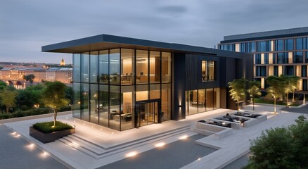 Obraz premium Modern Rooftop Terrace With a Stunning City View During Twilight Hours