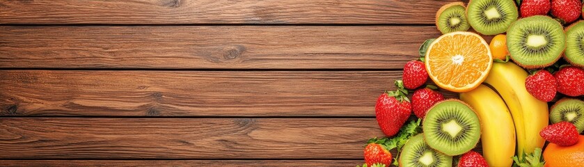 Various fresh fruits are displayed on rustic wood for a healthy diet.