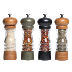 Four different salt and pepper grinders, with various colored lids: wood, green, black, and brown