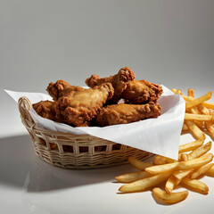 french fries with wings in a basket 
