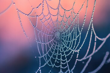 A spider web is covered in dew drops, creating a beautiful and delicate pattern against a soft, colorful background.