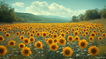 Obraz premium A field of sunflowers in full bloom, their bright yellow faces turned towards the sun under a clear blue sky, symbolizing joy and optimism