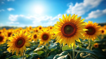 Obraz premium A field of sunflowers stretches as far as the eye can see, their faces turned towards the bright sun, a vibrant and cheerful landscape under a clear blue sky