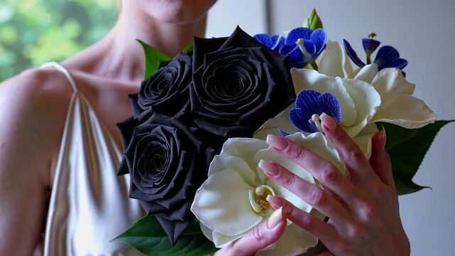 Black Baccara Rose Bouquet Held by Woman in Flowing Silk Dress with White Orchids and Blue Lotus Petals

