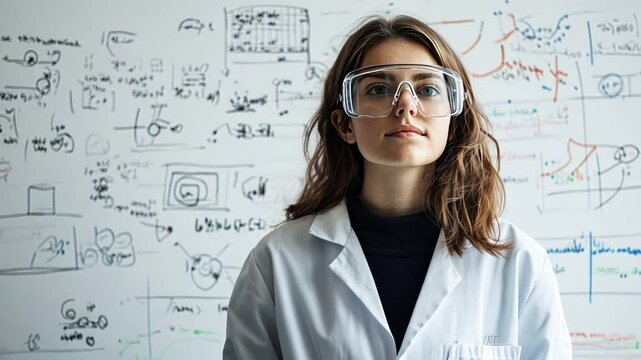 Scientific Brilliance: A focused scientist stands confidently before a whiteboard filled with complex scientific notations, embodying expertise, intellectual curiosity, and the pursuit of knowledge.