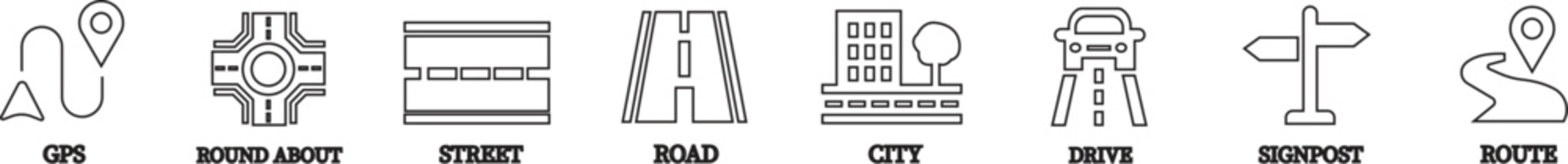 Road line art icon set.Road forks icon. Road sections of different shapes.vector icon illustration isolated on white background.Containing street, highway, traffic light, intersection symbol.