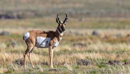 Pronghorn stands alertly, brown & white markings contrasting with the grassy meadow habitat in natural light