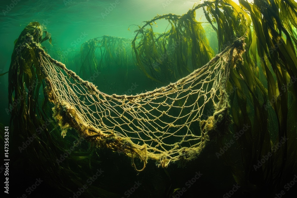 Poster an old fishing net submerged underwater in a kelp forest, illuminated by sunlight filtering through 