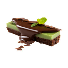 A delectable dessert featuring a vibrant green layer, a rich chocolate sauce, and delicate mint garnish. It looks sweet, delicious, and visually appealing.