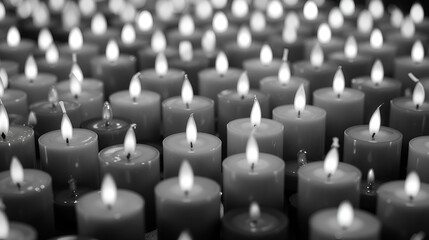 Obraz premium A black and white photo of a bunch of floating candles,.