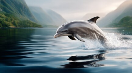 Obraz premium Dolphin Leaps Gracefully Over Calm Waters During Sunrise in a Scenic Fjord