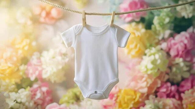 White baby onesie drying and hanging on a rope with wooden pegs against a pastel colored surrounded by flowers background	