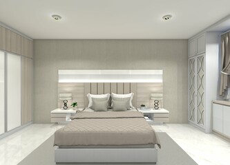 3D design of a bed and headboard panel for bedroom interiors.