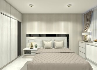 3D design of a bed and headboard panel for bedroom interiors.