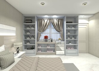 3D design for an open storage cabinet without doors for shoe and bag collections.