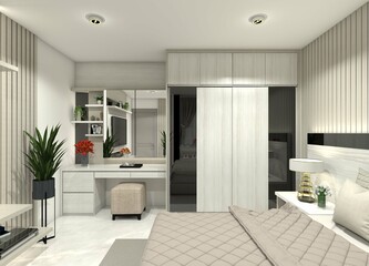 Modern, minimalist, and compact 3D design for a wardrobe and dressing table for bedroom and walk-in closet interiors.