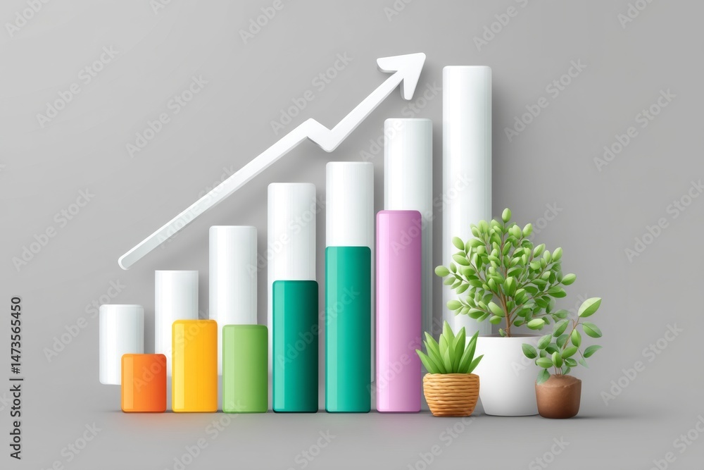Poster A flat minimalist chart symbolizing staff performance with bar graphs and arrows