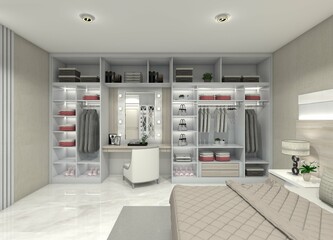 3D design for an open wardrobe and dressing table without doors.
